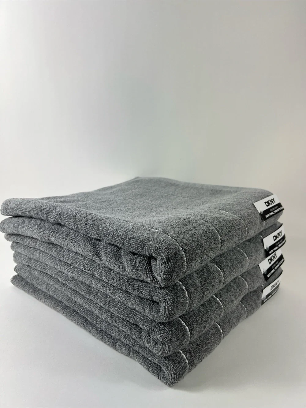 DKNY Eco Melange Bath Towels Medium Gray White Stripe Soft Cotton Set of 4 NEW